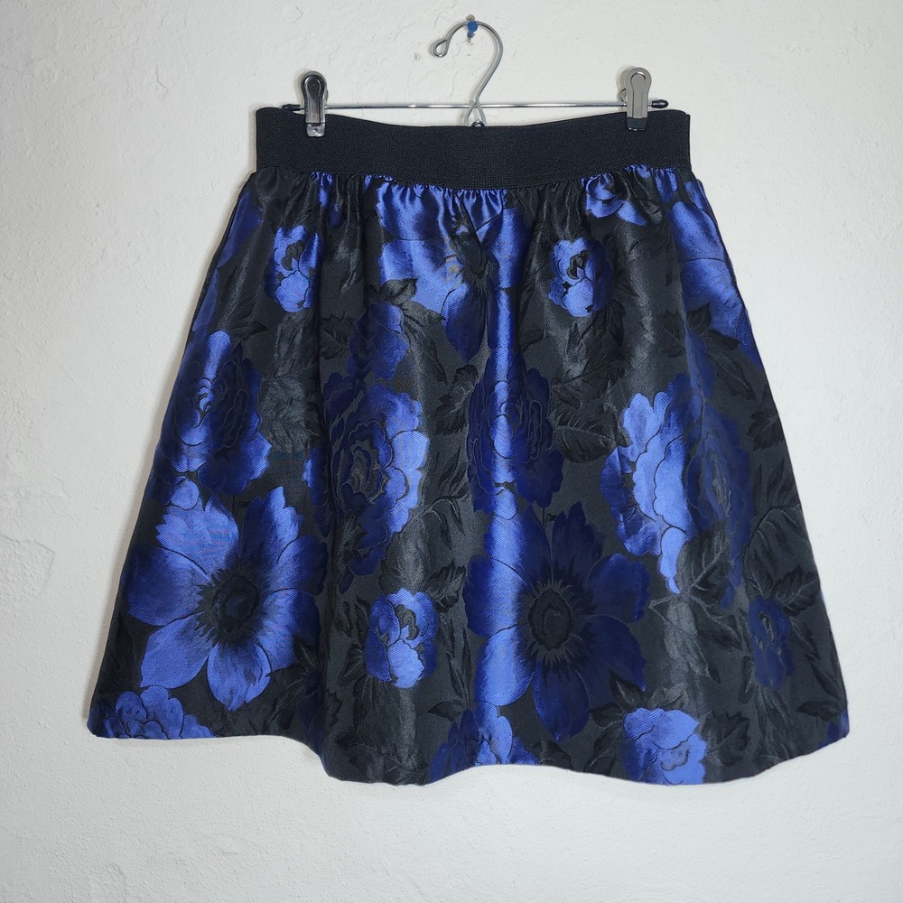 NSK Floral Brocade Skirt Womens Large Blue Black Excellent A-Line Metallic High